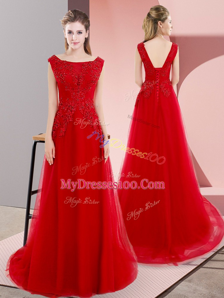 Red Homecoming Dress Bateau Sleeveless Sweep Train Lace Up