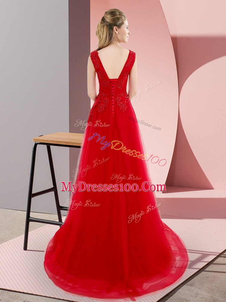 Red Homecoming Dress Bateau Sleeveless Sweep Train Lace Up