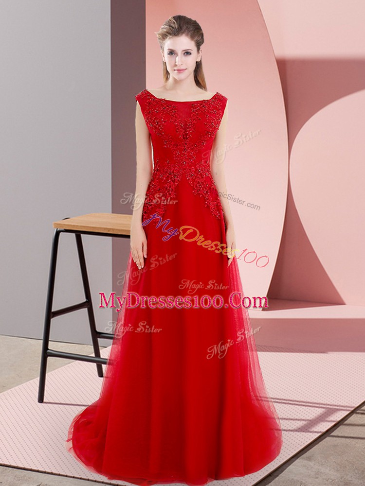 Red Homecoming Dress Bateau Sleeveless Sweep Train Lace Up