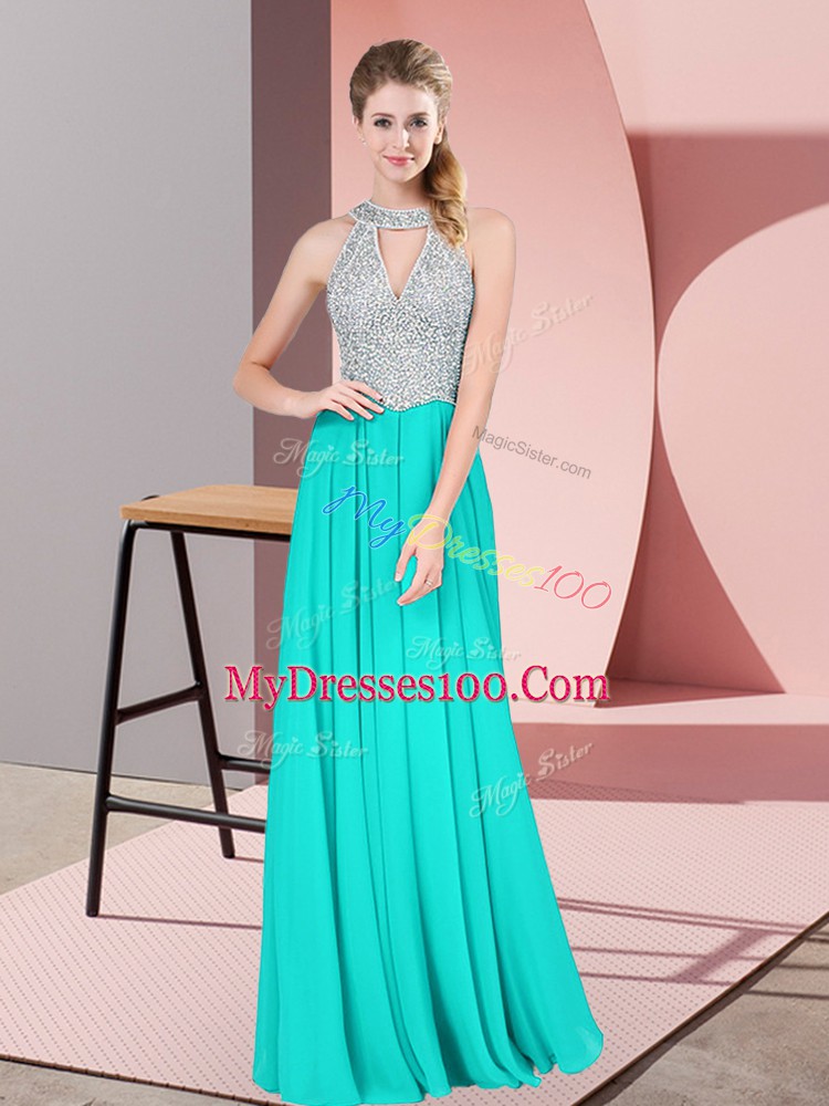 Satin Halter Top Sleeveless Backless Beading and Lace Prom Evening Gown in Turquoise