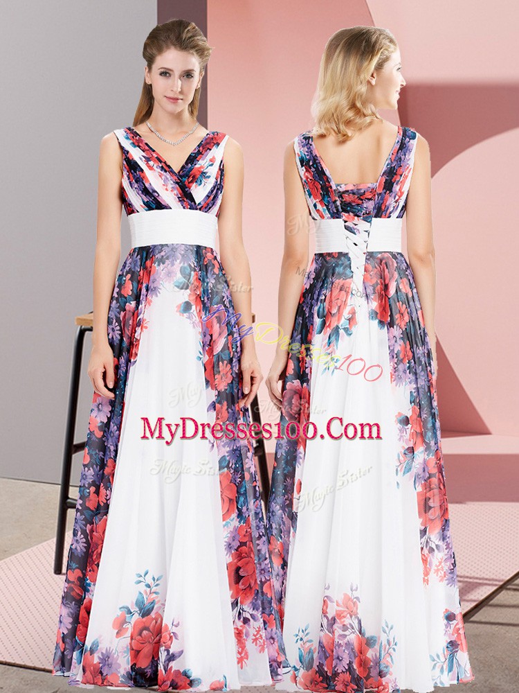 Smart White Empire Chiffon V-neck Sleeveless Pattern Floor Length Lace Up Homecoming Dress