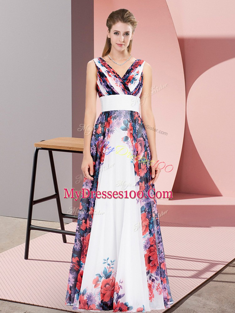 Smart White Empire Chiffon V-neck Sleeveless Pattern Floor Length Lace Up Homecoming Dress