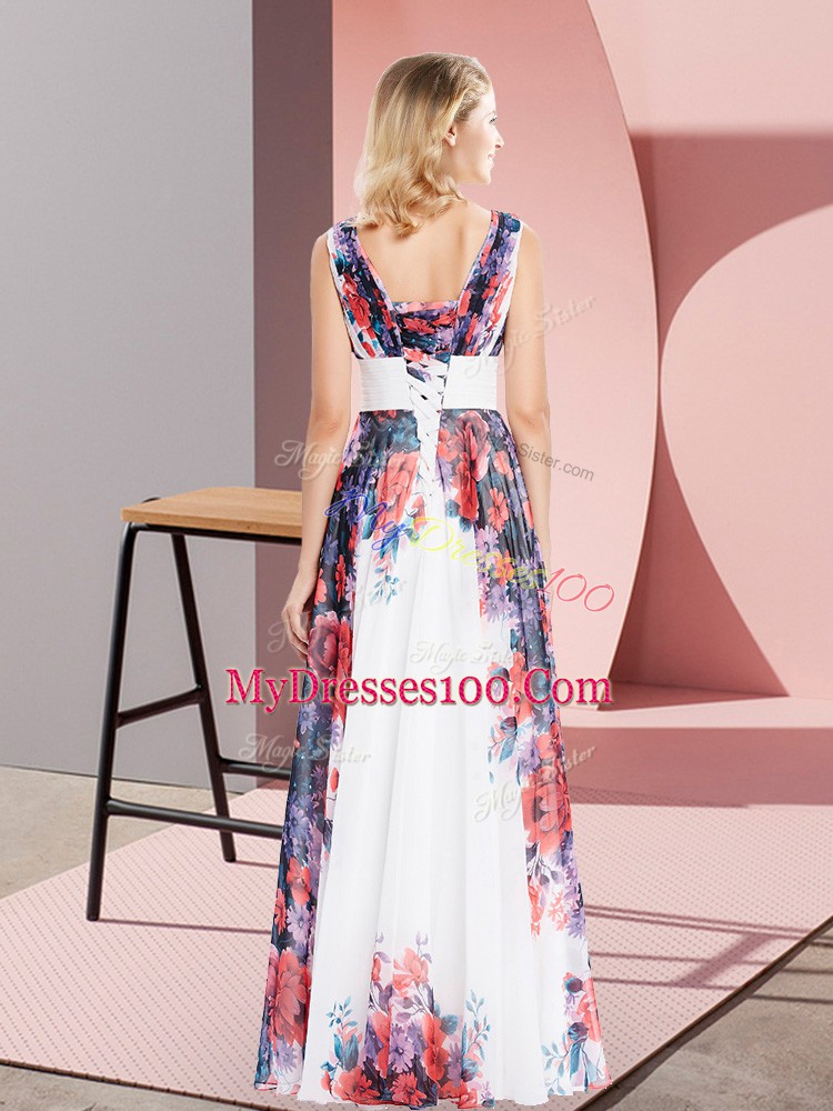 Smart White Empire Chiffon V-neck Sleeveless Pattern Floor Length Lace Up Homecoming Dress