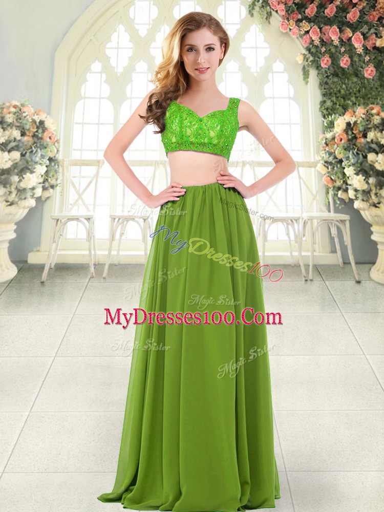 Decent Floor Length Olive Green Chiffon Sleeveless Beading and Lace