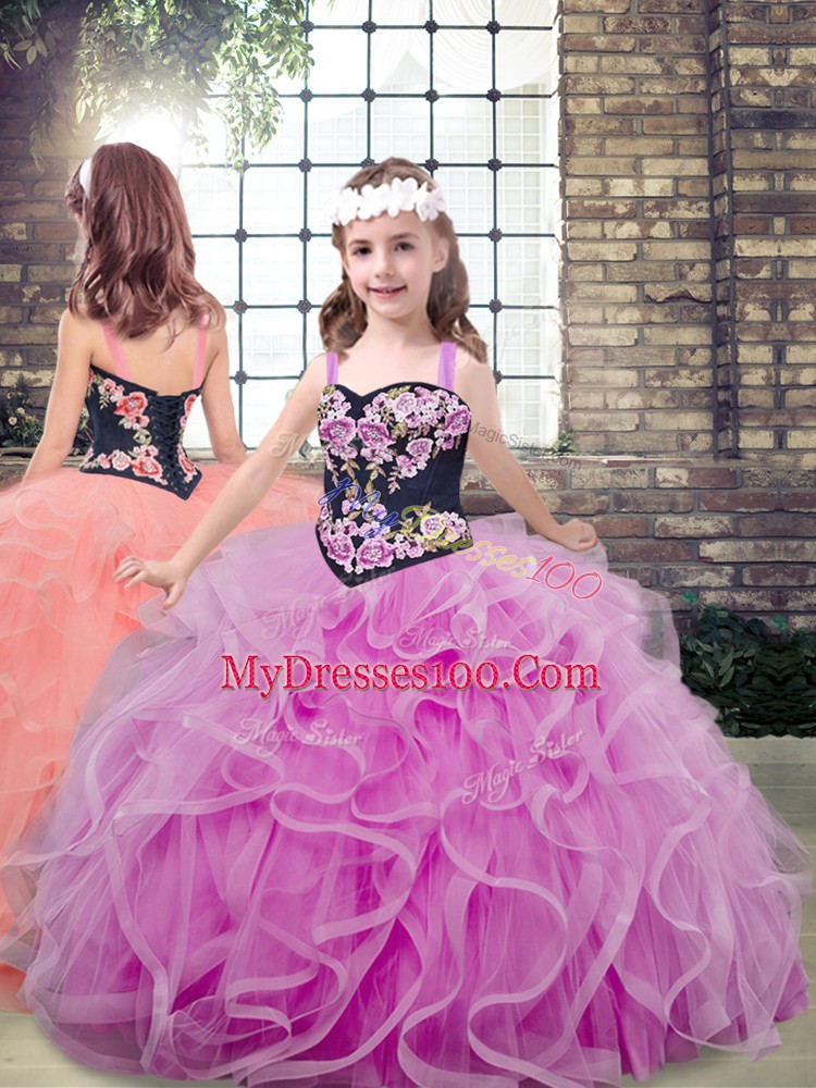 Beautiful Straps Sleeveless Tulle Kids Pageant Dress Embroidery and Ruffles Lace Up