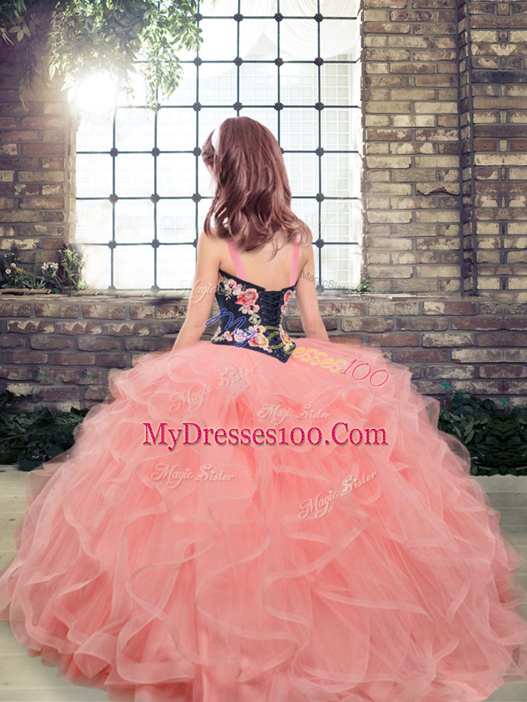 Beautiful Straps Sleeveless Tulle Kids Pageant Dress Embroidery and Ruffles Lace Up