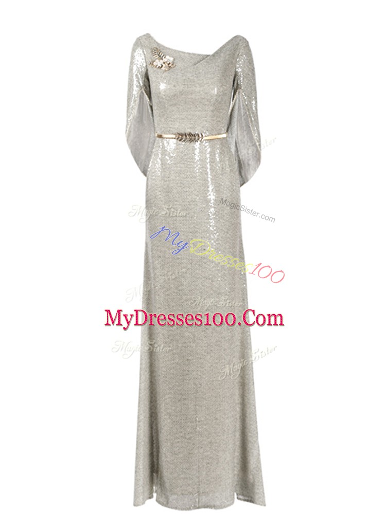 Fabulous Grey Prom and Party with Belt Scoop Half Sleeves Zipper