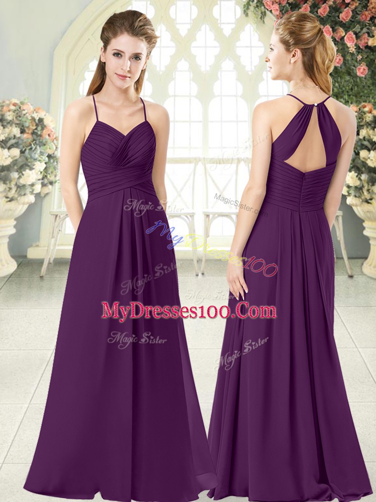 Artistic Ruching Evening Dress Purple Zipper Sleeveless Floor Length