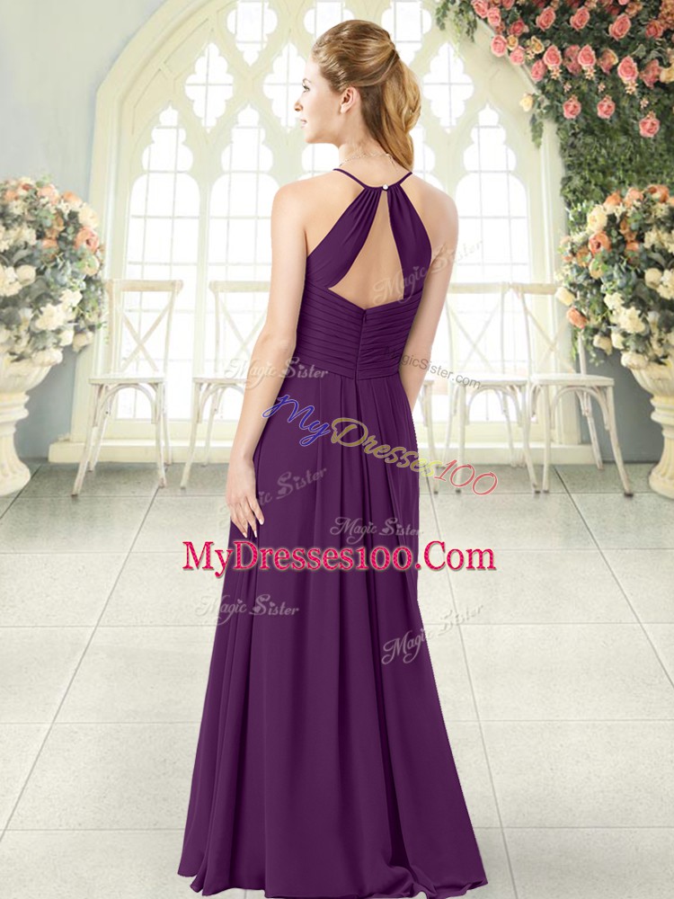 Artistic Ruching Evening Dress Purple Zipper Sleeveless Floor Length