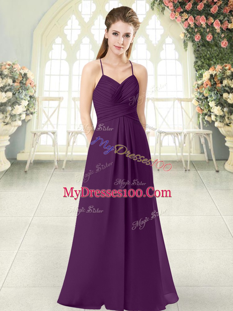 Artistic Ruching Evening Dress Purple Zipper Sleeveless Floor Length