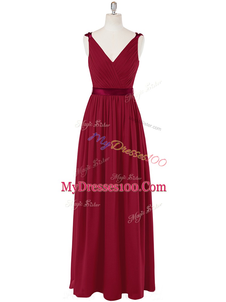 Spectacular Wine Red Zipper Prom Evening Gown Ruching and Belt Sleeveless Floor Length