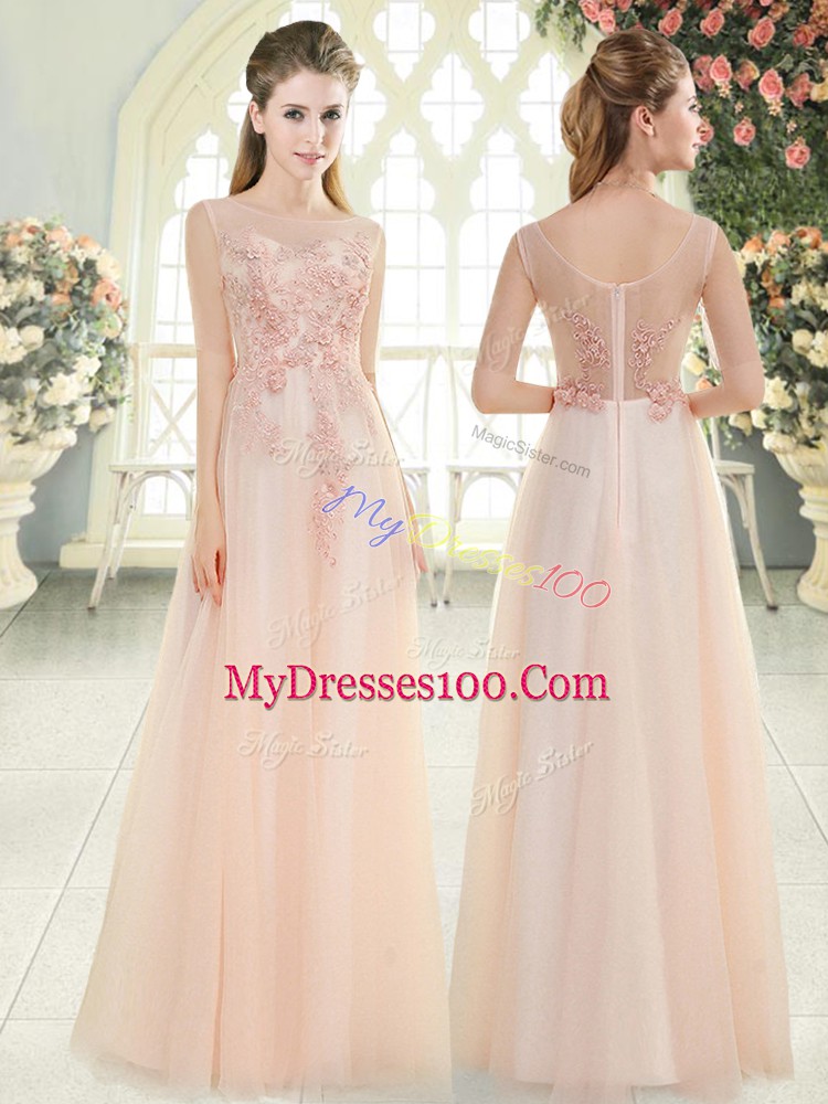 Sophisticated Empire Evening Dress Pink Scoop Tulle Sleeveless Floor Length Zipper