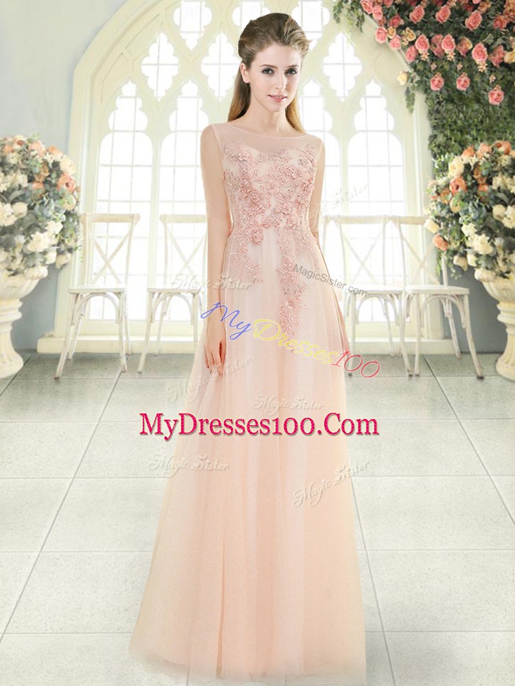Sophisticated Empire Evening Dress Pink Scoop Tulle Sleeveless Floor Length Zipper