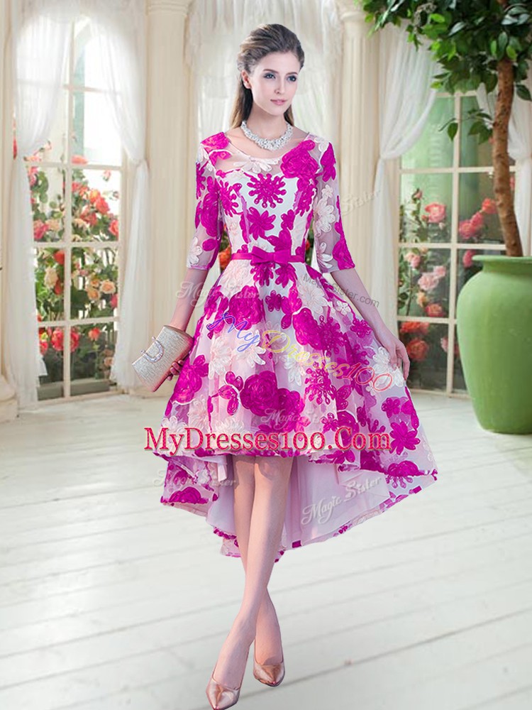 High Low Fuchsia Scoop Half Sleeves Lace Up