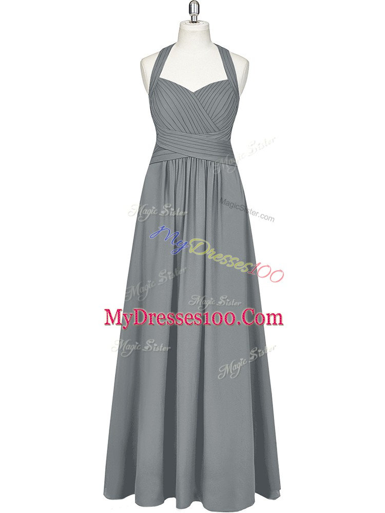 Vintage Grey Zipper Halter Top Ruching Prom Party Dress Chiffon Sleeveless