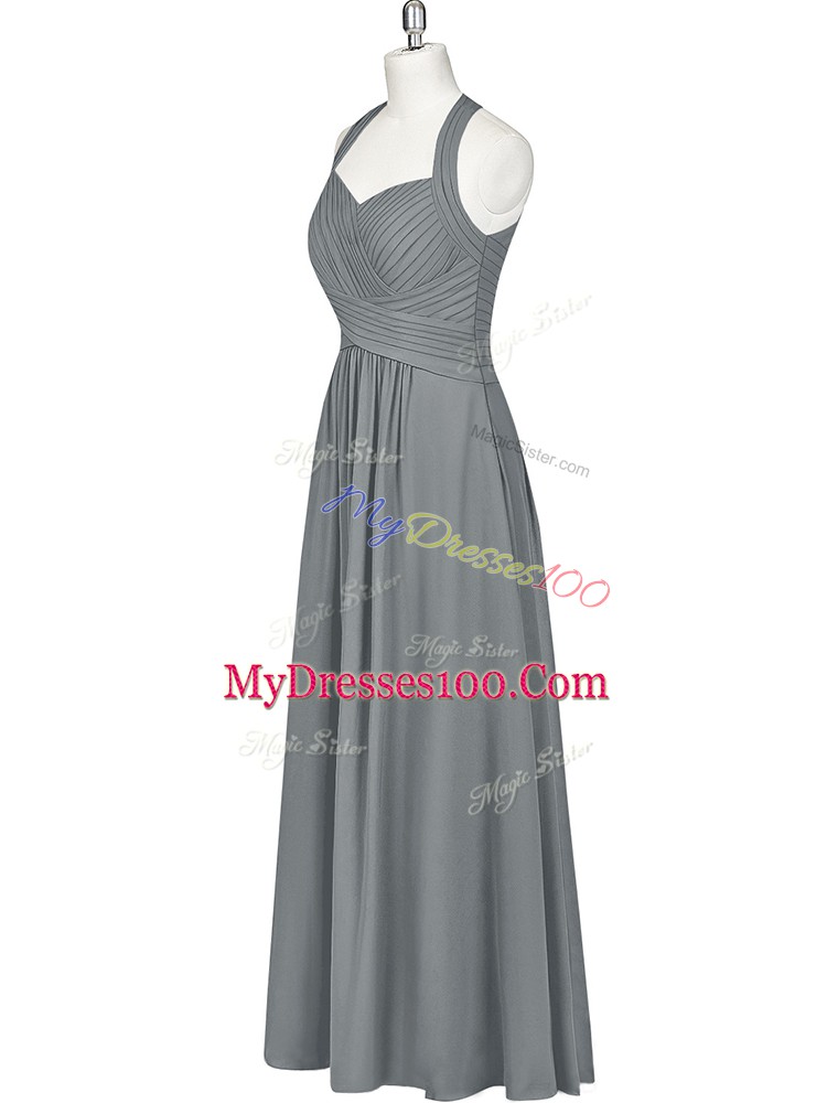 Vintage Grey Zipper Halter Top Ruching Prom Party Dress Chiffon Sleeveless