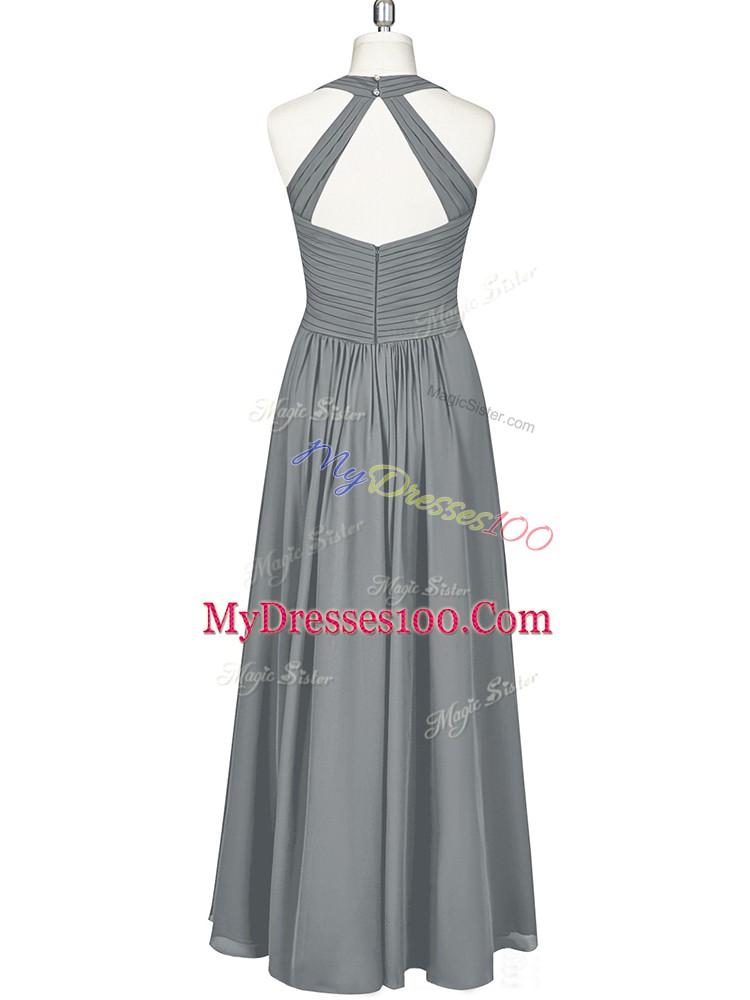 Vintage Grey Zipper Halter Top Ruching Prom Party Dress Chiffon Sleeveless