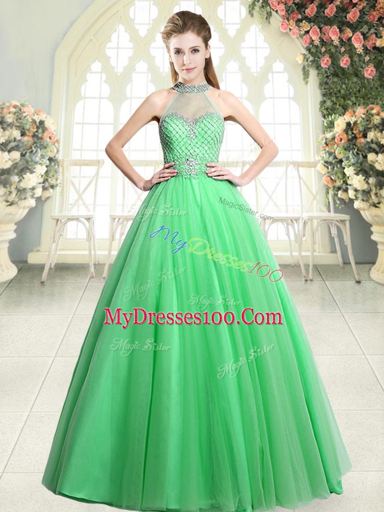 Hot Selling Sleeveless Floor Length Beading Zipper Evening Dress with Green