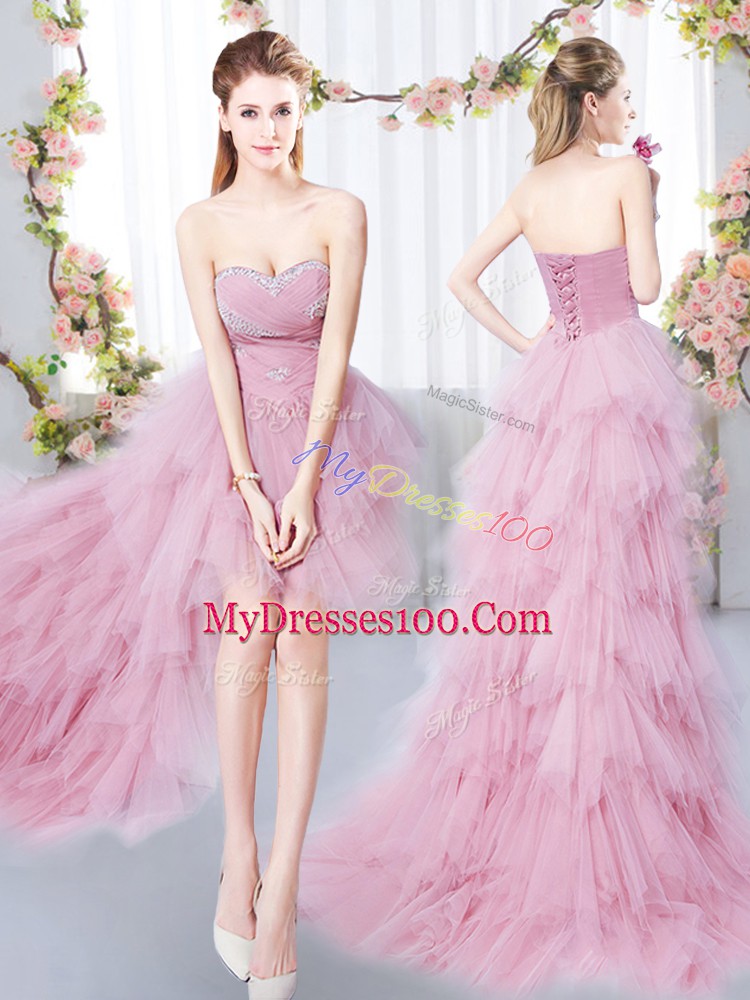 Exceptional Pink Tulle Lace Up Sweetheart Sleeveless High Low Bridesmaid Dress Beading and Ruffles