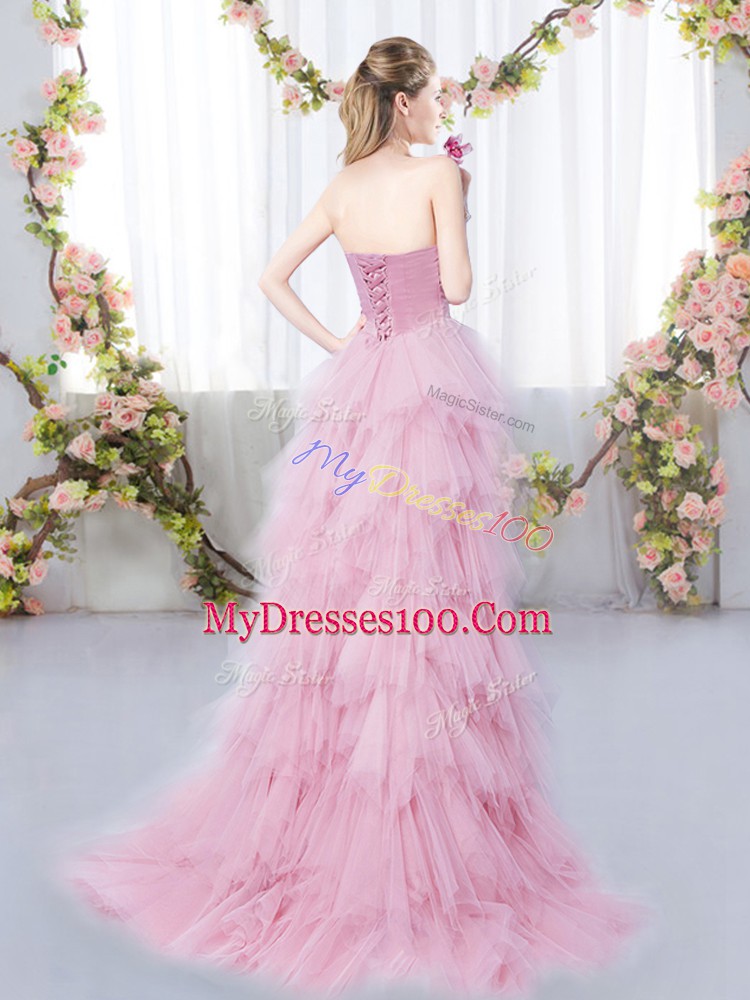 Exceptional Pink Tulle Lace Up Sweetheart Sleeveless High Low Bridesmaid Dress Beading and Ruffles