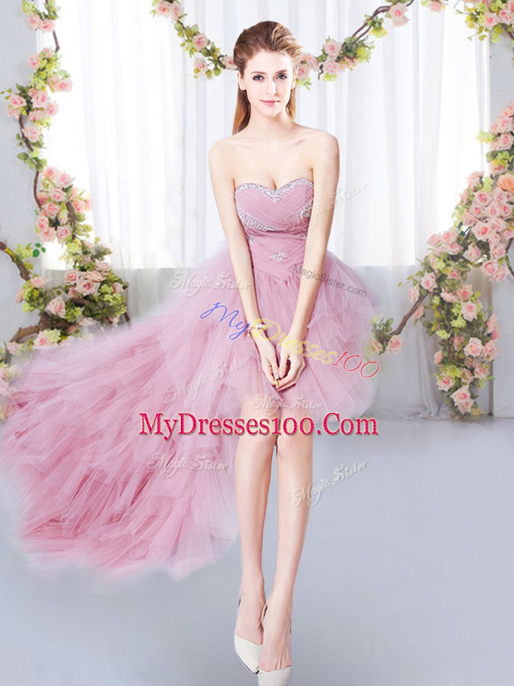 Exceptional Pink Tulle Lace Up Sweetheart Sleeveless High Low Bridesmaid Dress Beading and Ruffles