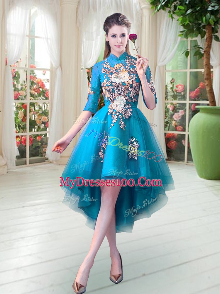 Inexpensive Tulle Half Sleeves High Low Prom Dresses and Appliques