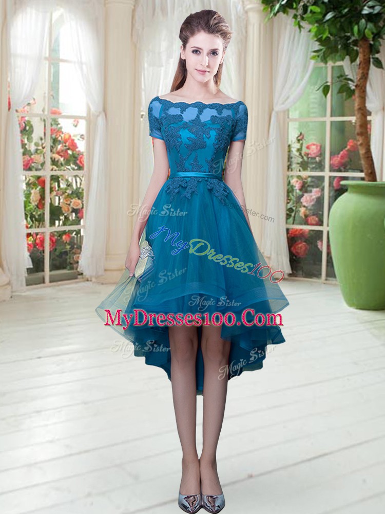 Stunning A-line Prom Dresses Teal Off The Shoulder Tulle Short Sleeves High Low Lace Up