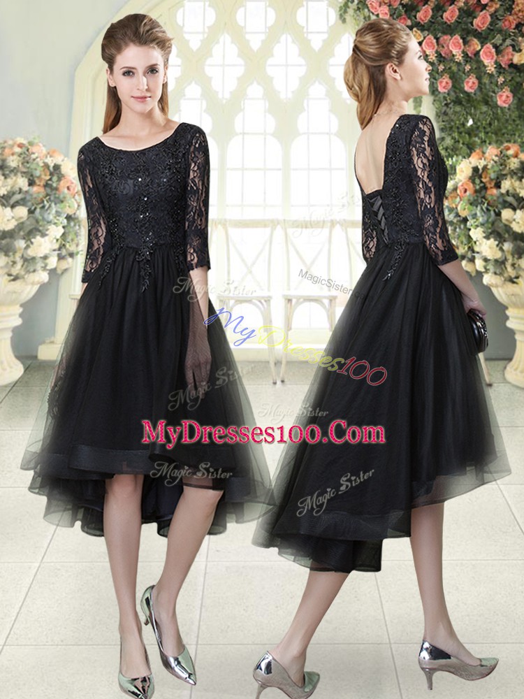 Custom Fit Black Lace Up Scoop Lace Evening Dress Tulle Half Sleeves