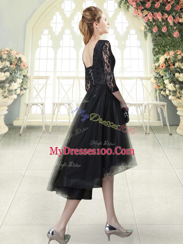 Custom Fit Black Lace Up Scoop Lace Evening Dress Tulle Half Sleeves