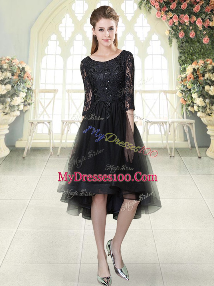 Custom Fit Black Lace Up Scoop Lace Evening Dress Tulle Half Sleeves