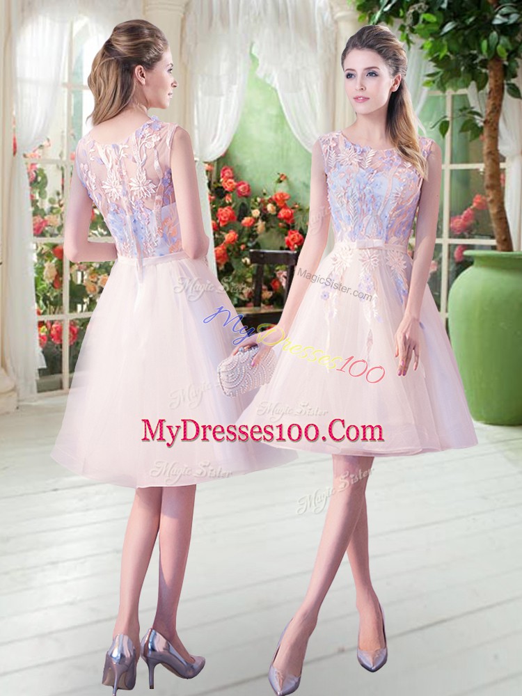 High End A-line Evening Party Dresses Champagne Scoop Tulle Sleeveless Knee Length Zipper