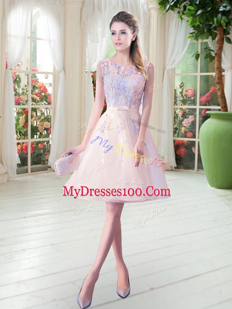 High End A-line Evening Party Dresses Champagne Scoop Tulle Sleeveless Knee Length Zipper
