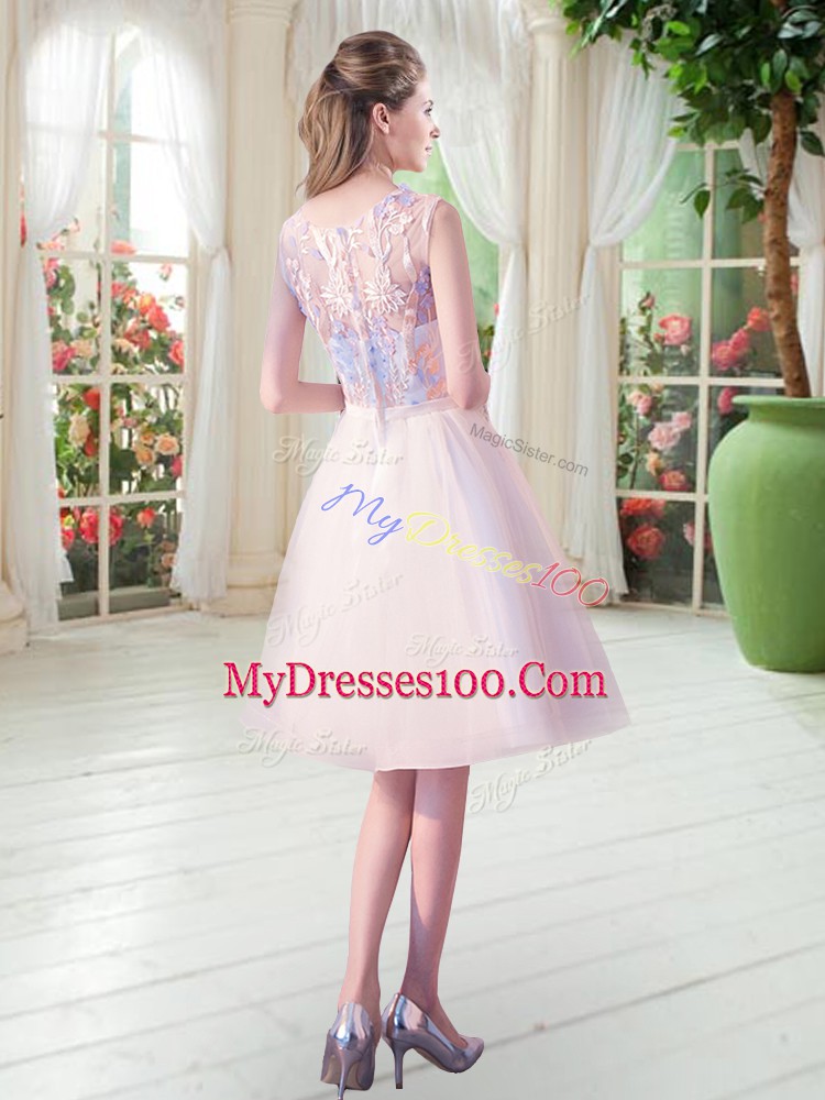 High End A-line Evening Party Dresses Champagne Scoop Tulle Sleeveless Knee Length Zipper