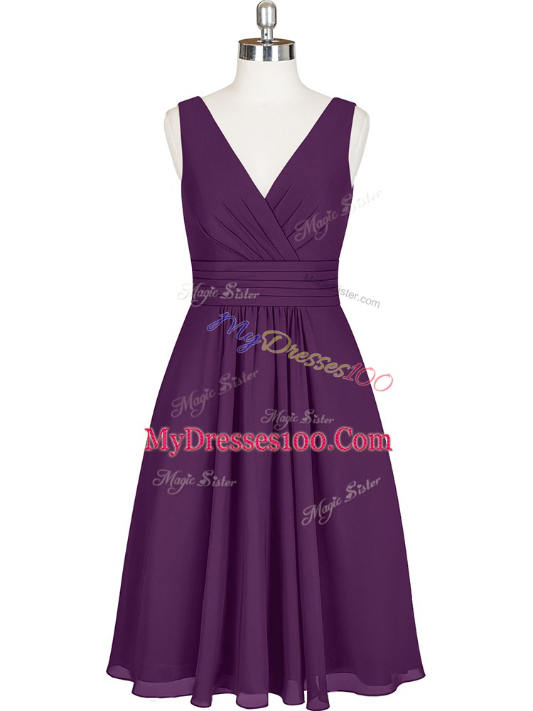 Purple Sleeveless Knee Length Pleated Zipper Evening Dress
