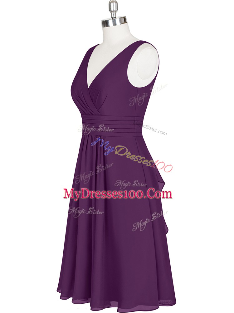 Purple Sleeveless Knee Length Pleated Zipper Evening Dress