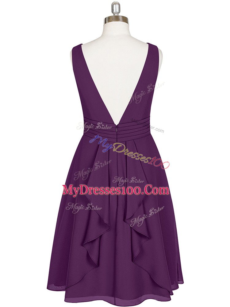 Purple Sleeveless Knee Length Pleated Zipper Evening Dress