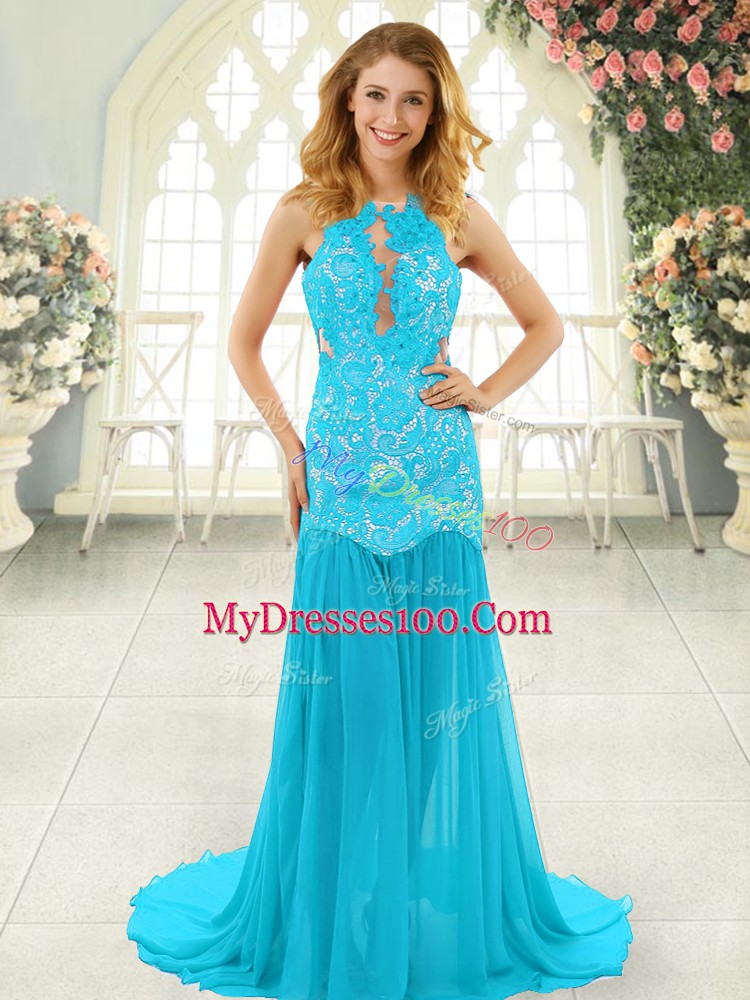 Aqua Blue Backless Evening Dress Lace Sleeveless Brush Train