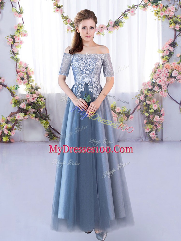 Top Selling Floor Length A-line Short Sleeves Blue Quinceanera Dama Dress Lace Up
