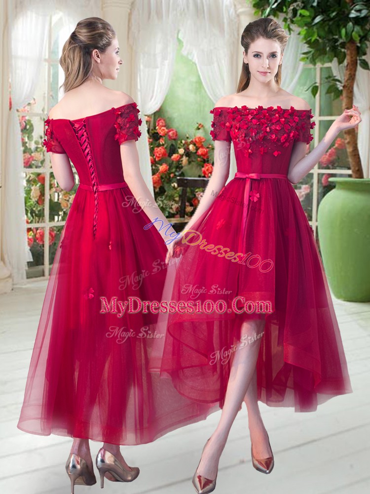Customized Red A-line Off The Shoulder Short Sleeves Tulle High Low Lace Up Appliques Evening Dress