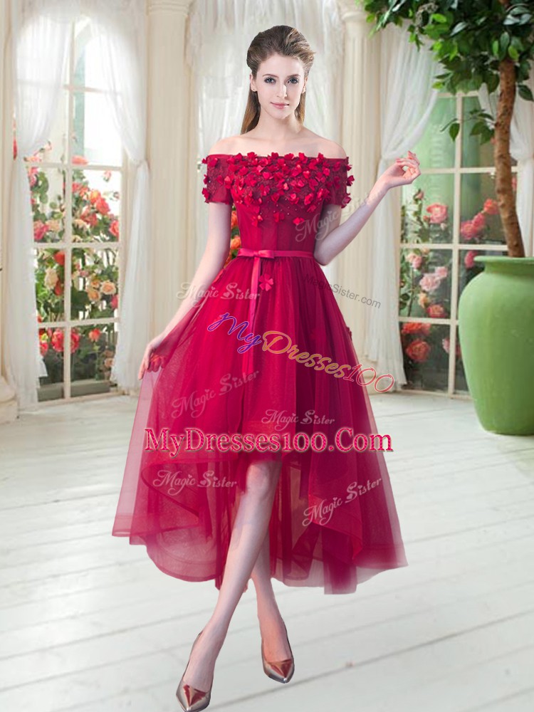Customized Red A-line Off The Shoulder Short Sleeves Tulle High Low Lace Up Appliques Evening Dress