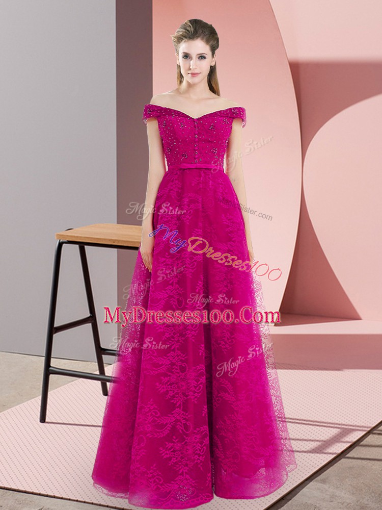 Chic Sleeveless Floor Length Beading and Lace Lace Up Dress for Prom with Fuchsia