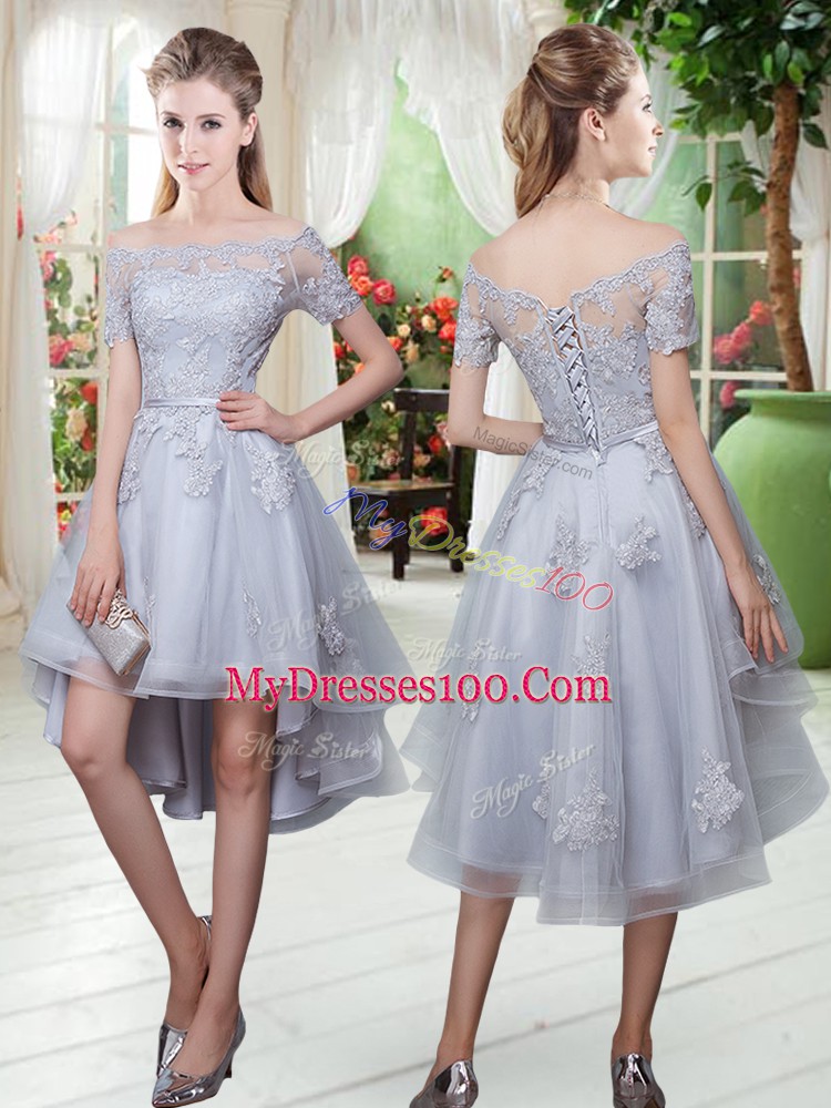 Shining Grey A-line Appliques Prom Dresses Lace Up Tulle Short Sleeves High Low