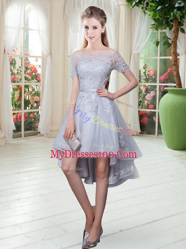 Shining Grey A-line Appliques Prom Dresses Lace Up Tulle Short Sleeves High Low