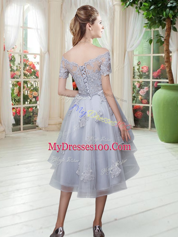 Shining Grey A-line Appliques Prom Dresses Lace Up Tulle Short Sleeves High Low