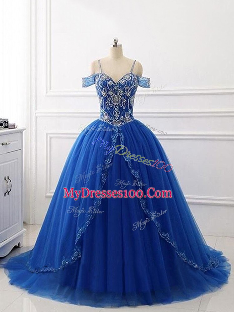 Inexpensive Royal Blue Off The Shoulder Lace Up Beading 15th Birthday Dress Brush Train Sleeveless