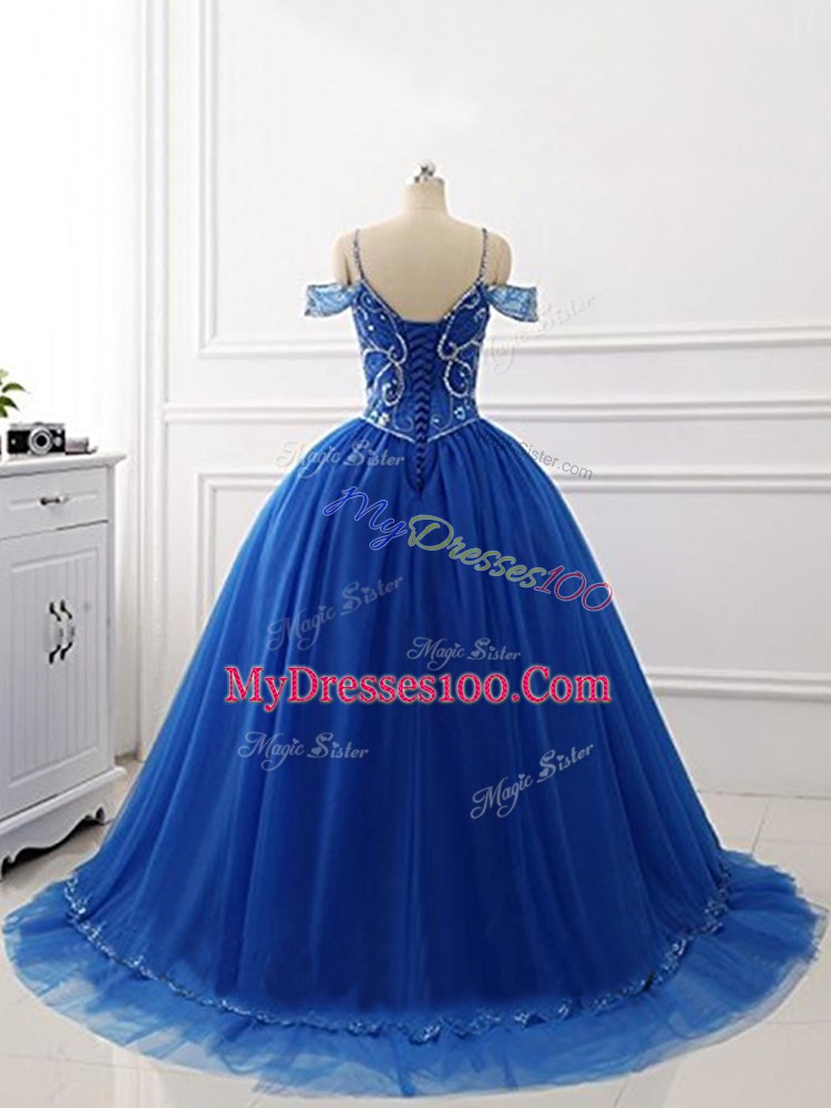 Inexpensive Royal Blue Off The Shoulder Lace Up Beading 15th Birthday Dress Brush Train Sleeveless