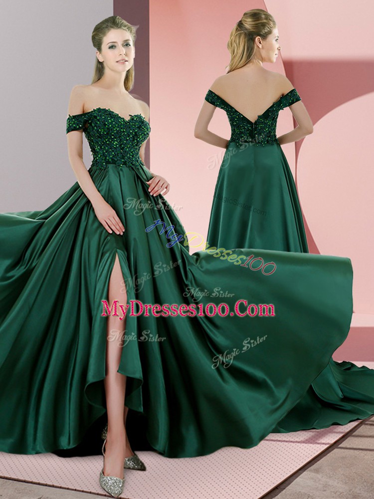 Sleeveless Satin Sweep Train Lace Up Prom Evening Gown in Green with Beading
