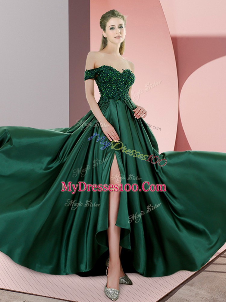 Sleeveless Satin Sweep Train Lace Up Prom Evening Gown in Green with Beading