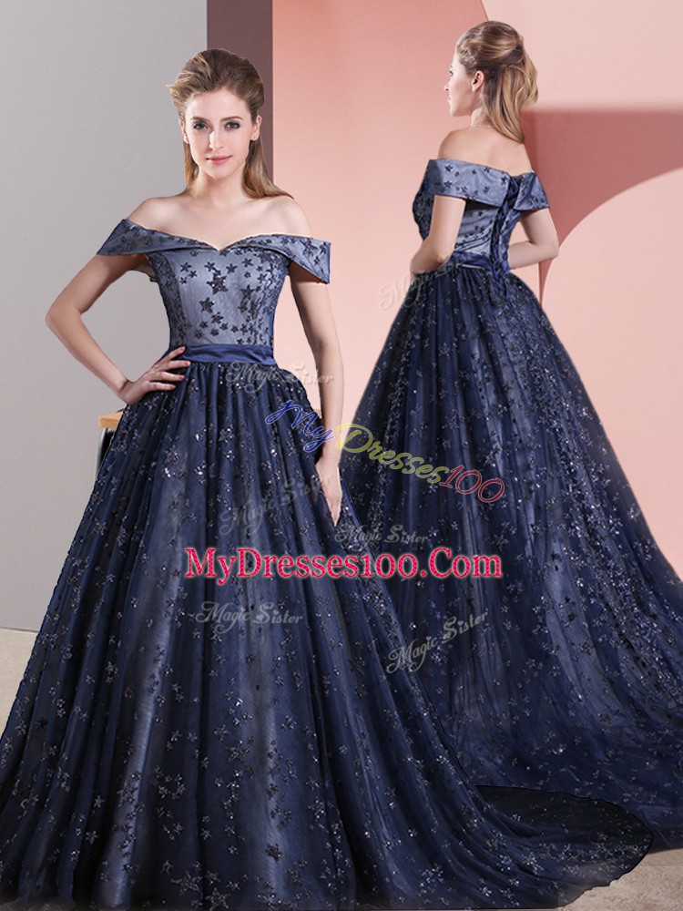 Discount Beading Navy Blue Lace Up Sleeveless Court Train