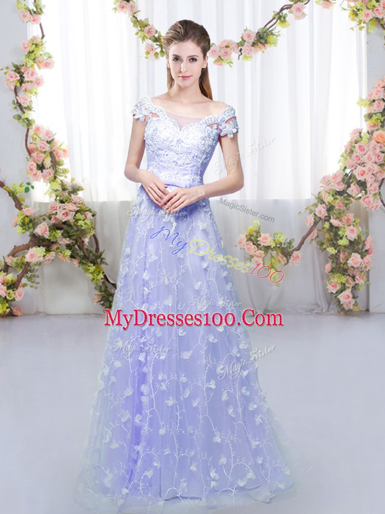 On Sale Lavender Tulle Lace Up Damas Dress Cap Sleeves Floor Length Appliques